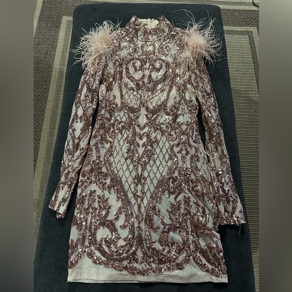 AKIRA Rose Gold  Sequin Feathery Body-Con Dress - Picture 2 of 3